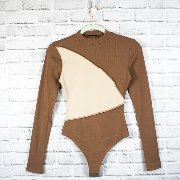 Naked Wardrobe Brown Color Block Ribbed Knit Long Sleeve Bodysuit Size Medium - Picture 1 of 12